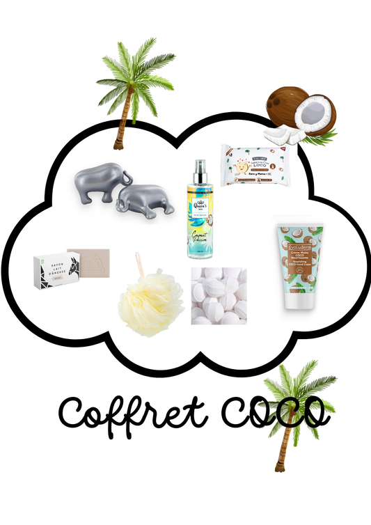 Coffret Coco - 3 Billes + 3 perles de bains + 1 brume + lingettes + fleur de douche + savon lait d’ânesse + crème main