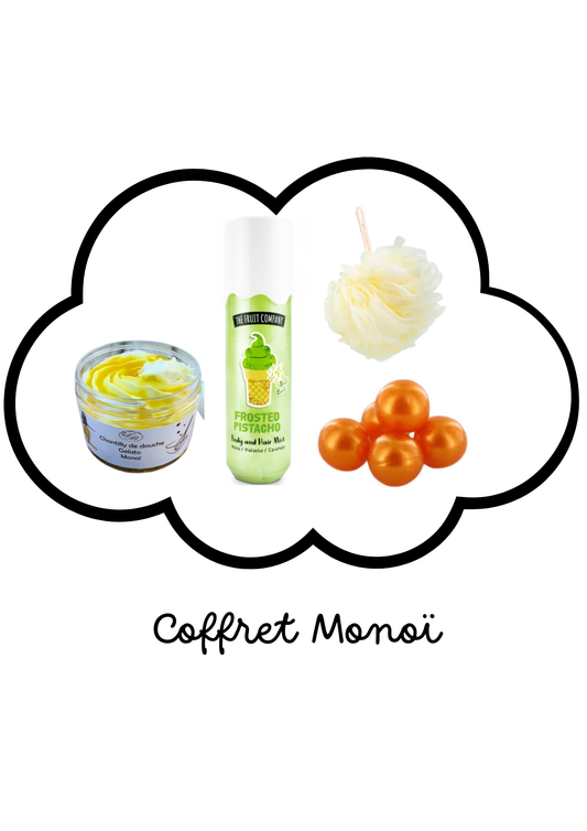 Coffret Monoï - 1 savon chantilly douche + 1 fleur de douche + 4 billes de bains + 1 brume pistache Monoï
