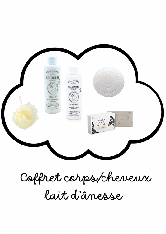 Coffret corps/cheveux au lait d’ânesse - 1 gel douche + 1 shampoing + 1 savon + 1 fleur de douche + 1 galet masque visage