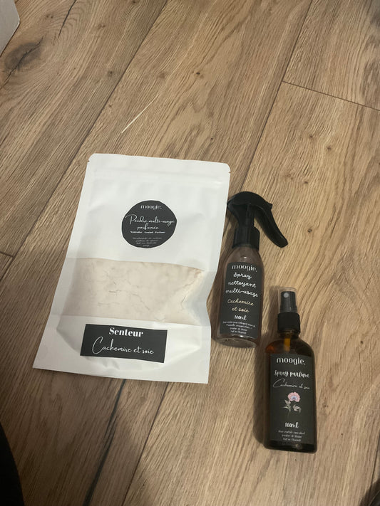 Box ménage : 1 poudre parfumée + 1 spray textile +1 spray nettoyant multi-usage